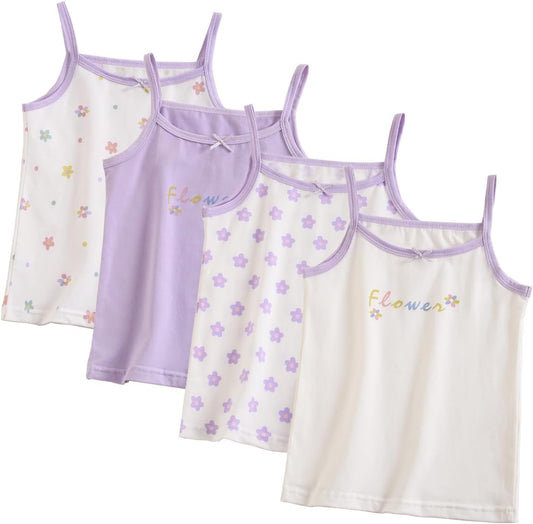 Yintry Girls' Printed Undershirts Cotton Undershirt/Tank Tops for 2-12 Years Elastic Cami Vests 4-Pack
