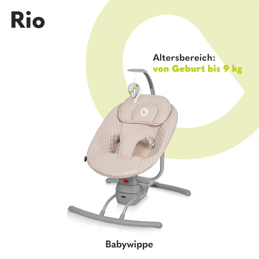 LIONELO RIO Elektrische Babywippe für Kleinkinder bis zu 9 kg Verstellbare Rückenlehne, 3 Wiegegeschwindigkeiten, Polster Sitzgurte Melodien und Geräusche der Natur Leichtes Gewicht 3,5 kg
