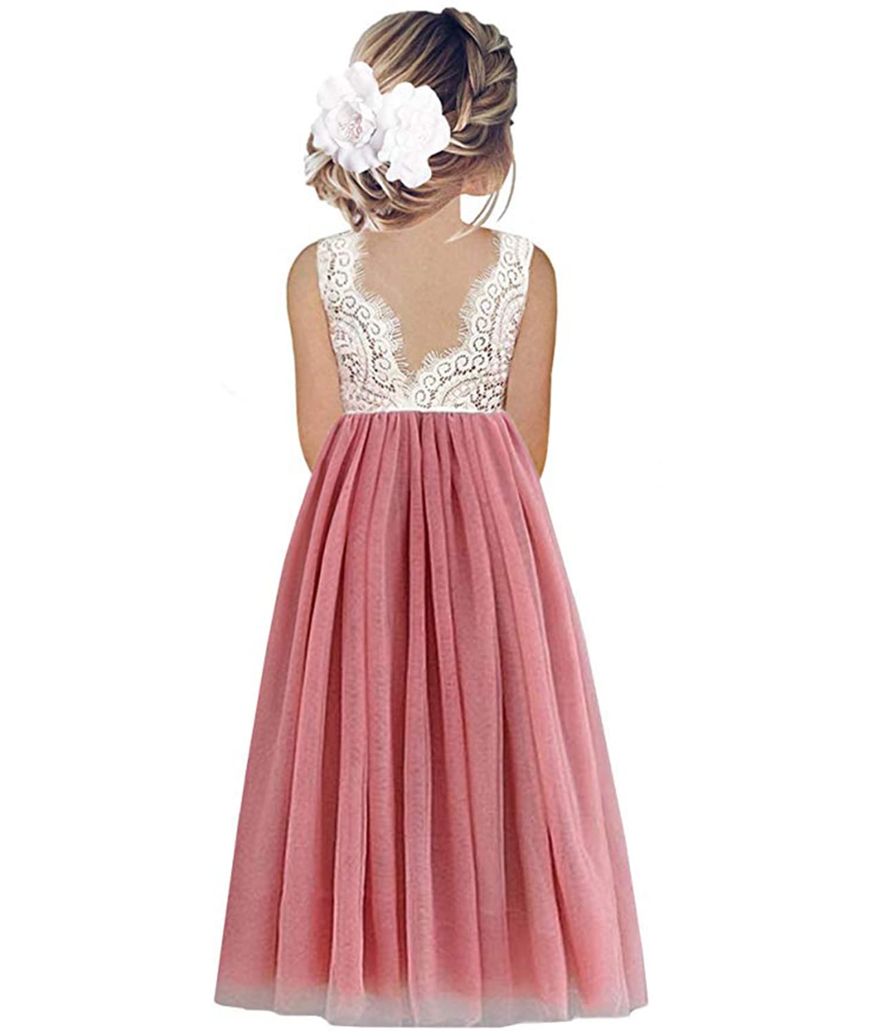Beganly Mädchen Festtagskleider Spitze V-Rücken Kleid ärmellos Flauschig Tüll Prinzessin Partykleid Blumenmädchen Kleider