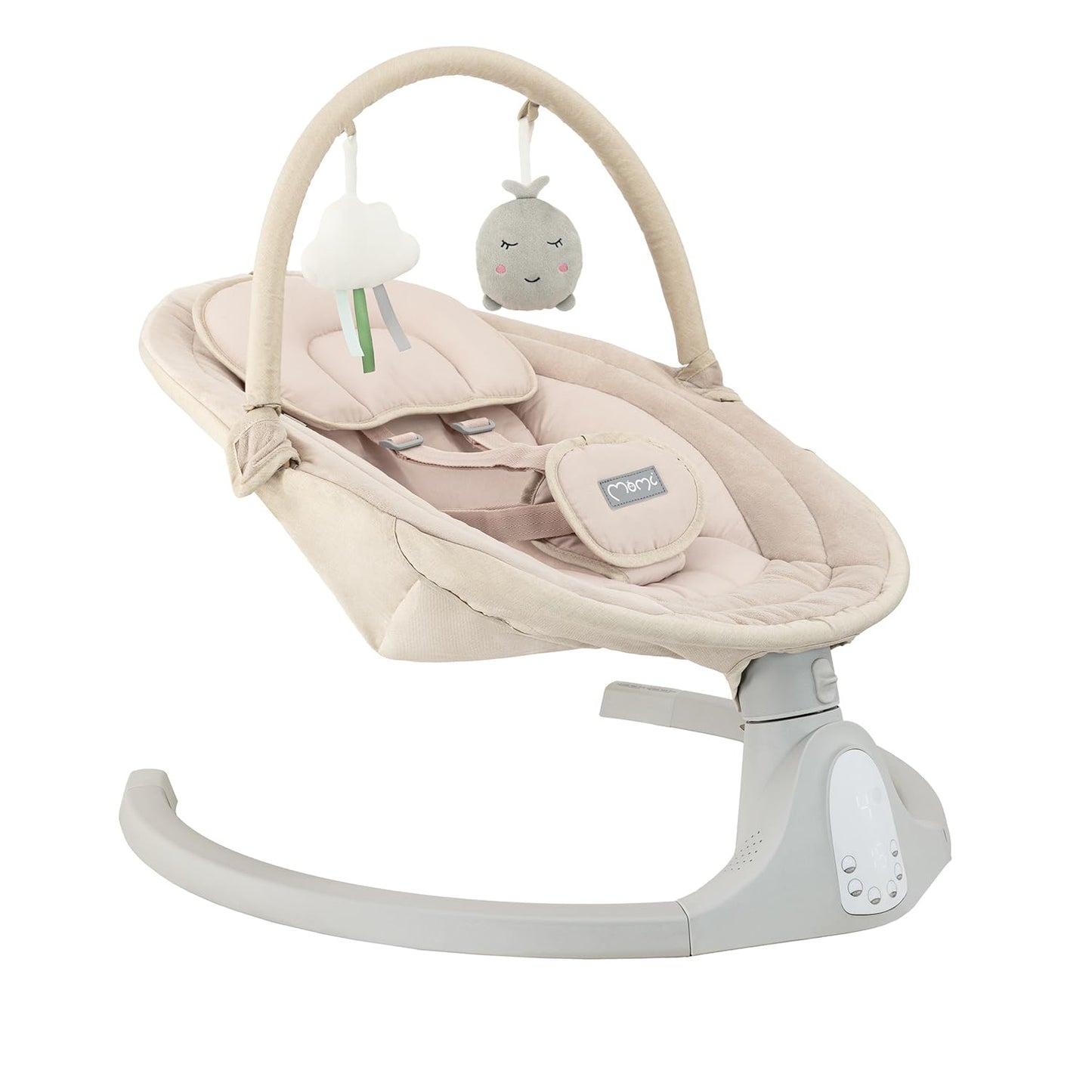 MoMi KENANI baby bouncer for children up to 9 kg, foldable, with remote control & Bluetooth for connecting to a smartphone, battery or power connection, with 5-point safety belt, sun protection, insect net