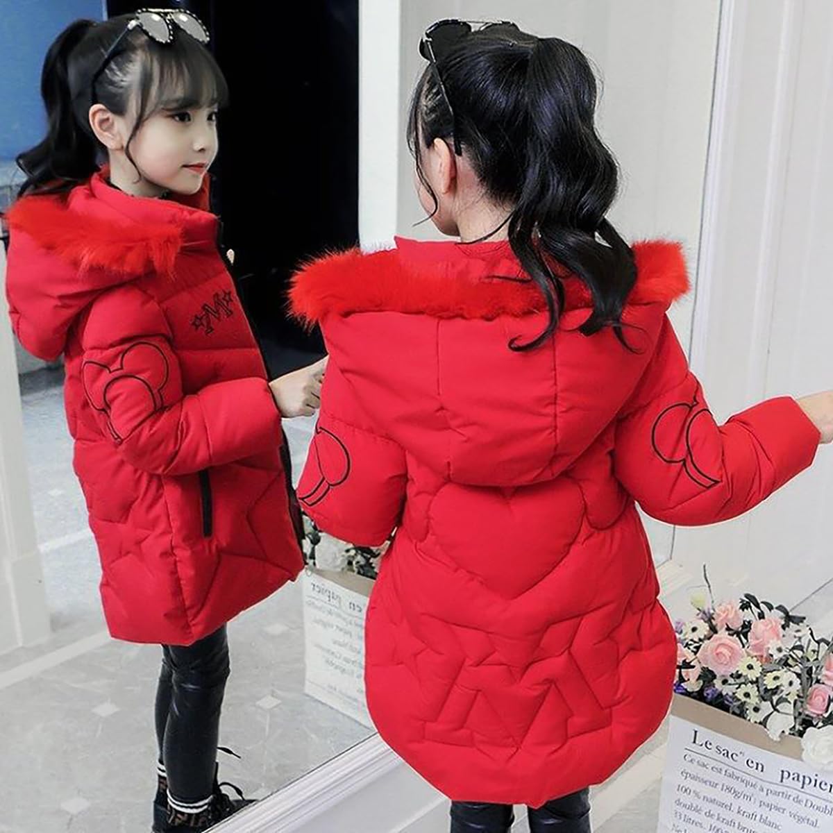 linboo Girls' Winter Jacket with Removable Fur Hood Warm Long Coat Children's Parka Outdoor Jacket with Letters and Cute Patterns