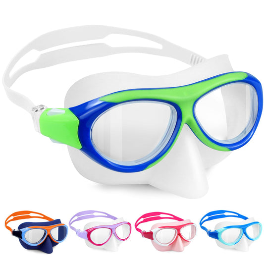 Vvinca Swimming Goggles for Kids with Nose Guard and Fabric Strap, Shatterproof, Anti-Fog and Waterproof for Children 3-14 Years