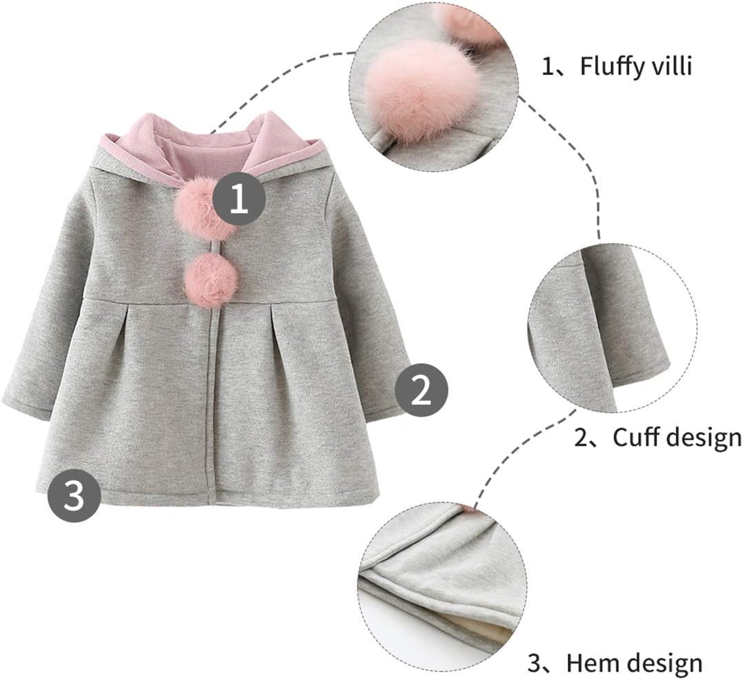 EDOTON Baby Girls' Cotton Coats Spring Autumn Winter Jackets with Hair Balls Rabbit Ear Toddler Warm Clothing