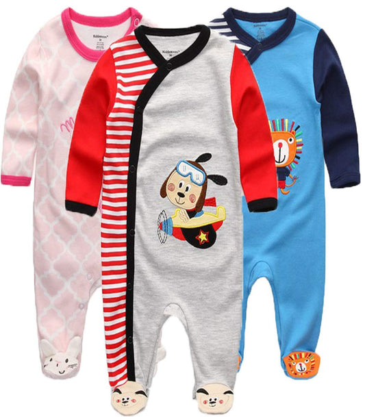Kiddiezoom Unisex Baby Boys Girls Sleepsuit Pajamas Cotton Overalls Rompers, 3 Pack