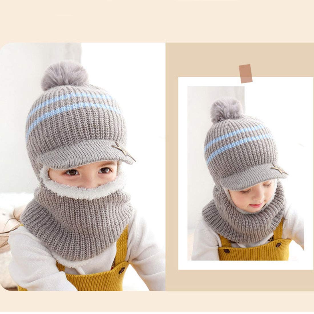 YONKOUNY Kinder Wintermütze Jungen Mädchen Warm Niedlich Strickmütze Schalmütze Schlupfmütze Beanie Mütze mit Fleecefutter