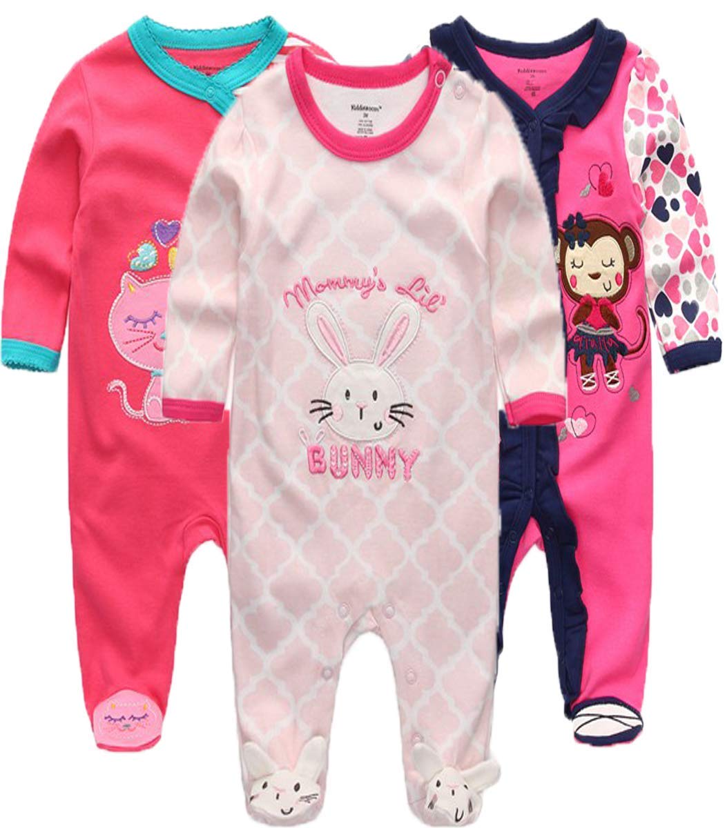 Kiddiezoom Unisex Baby Boys Girls Sleepsuit Pajamas Cotton Overalls Rompers, 3 Pack