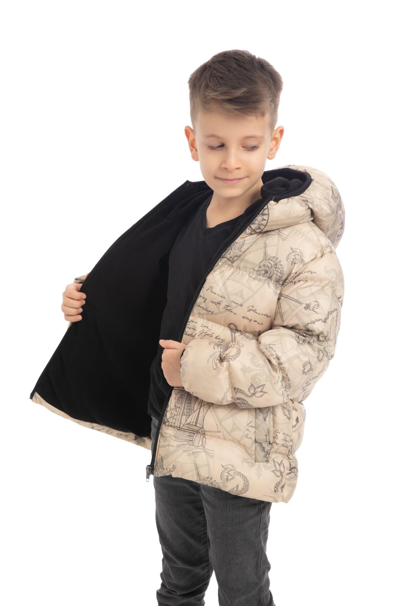 Generic Waterproof Kids Winter Jacket with Hood Insulated Boys Jacket with Compass and Ship Motifs – Lightweight and Windproof Transition Jacket