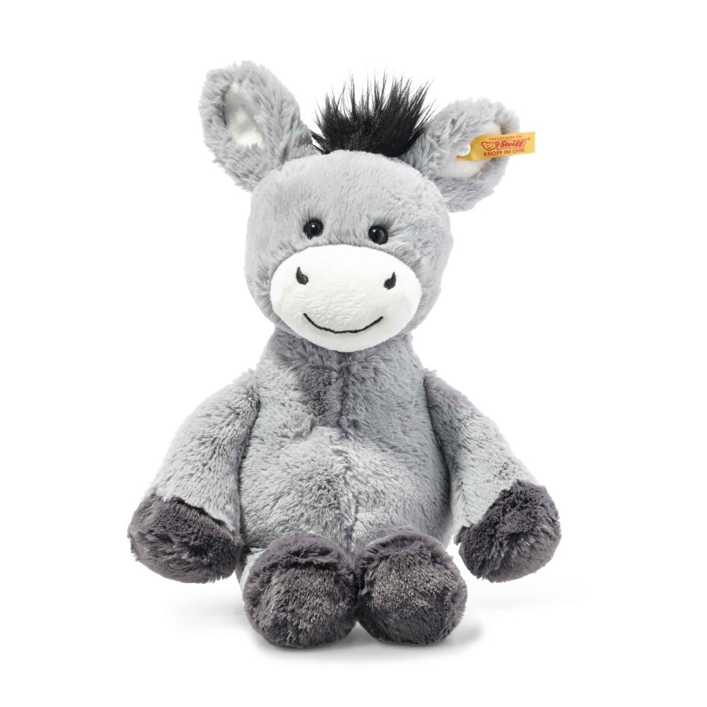 Steiff Cuddly Toy Dinkie Donkey, Cute Stuffed Toy with Plastic Eyes, Children, Boys & Girls, Friends, Plush Toy 20 cm, Light Grey, 073922