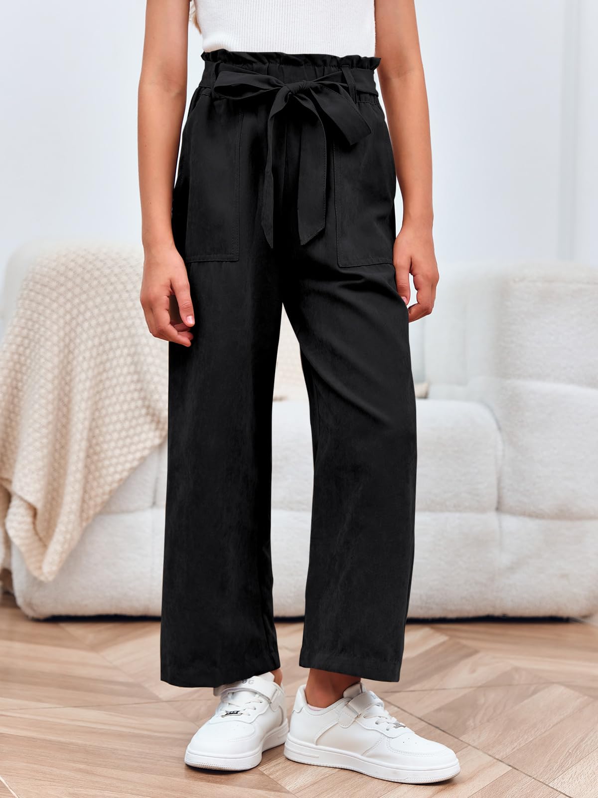 Haloumoning Mädchen Weite Hose Palazzo Hohe Taille Mode Bootcut Elastische Paperbag Freizeithose mit Gürtel