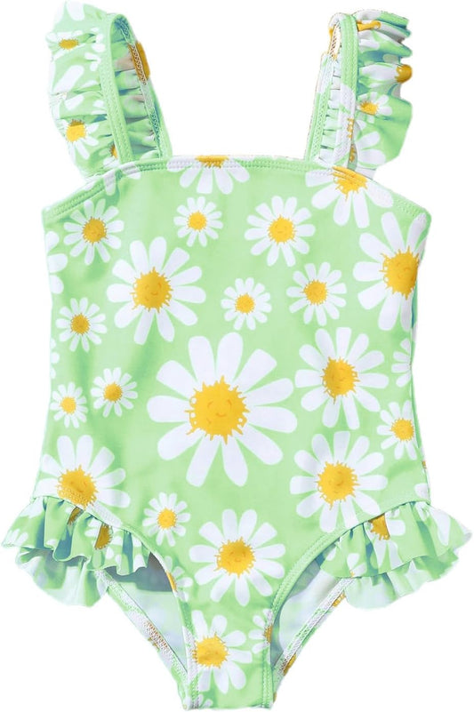 JiAmy Einteiliger Mädchen Badeanzug Blumenmuster Rüschen Elastischen Trägern Ärmellos Kleinkinder Schwimmkleidung für 2–7 Jahre/92-122