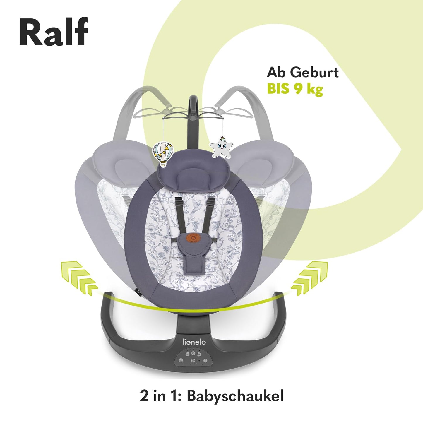 LIONELO Ralf 2-in-1 baby bouncer and recliner, remote control, 12 melodies, two rocking directions, 5 rocking speeds, locking, backrest adjustment, timer, quiet operation