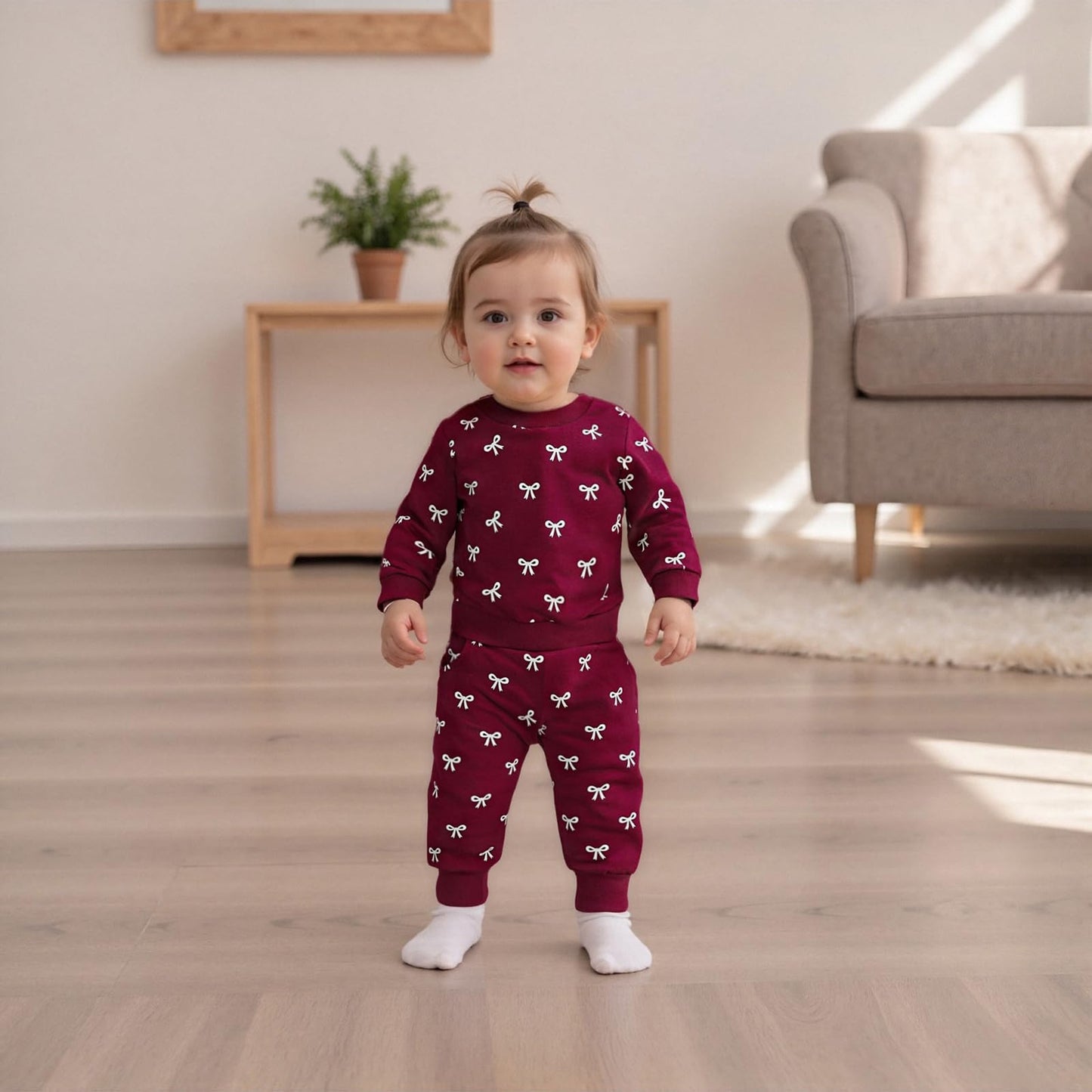 Beauace Baby Girl Clothing Set Bow Print Long Sleeve Sweatshirt + Trousers Newborn Outfit Toddler Two Piece Autumn Winter Baby Clothing