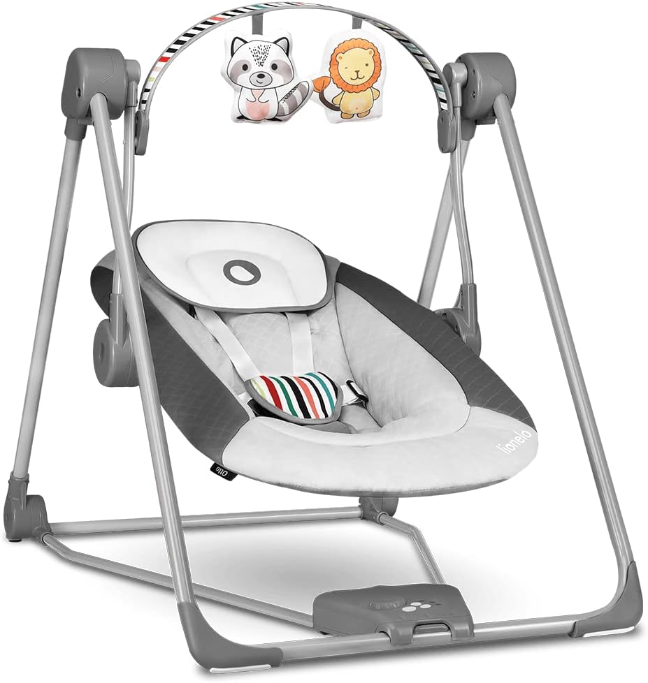 LIONELO Otto Baby Seesaw, Baby Swing, Play Arch with Interactive Toys, 5 Swing Speeds, Nature Sounds, from Birth to 9 kg, Foldable (Cozy Grey) (Pink)