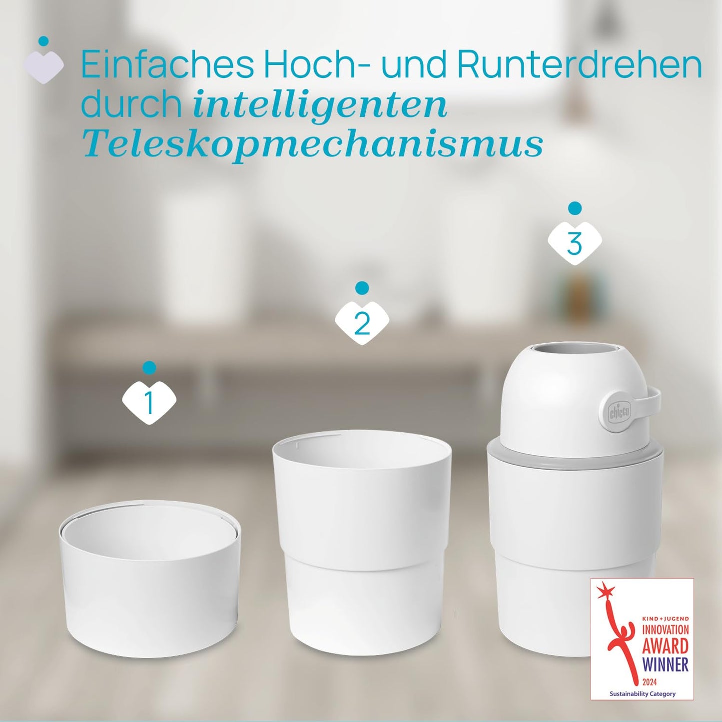 Chicco Windeleimer Odour Off, geruchsdichtes System, platzsparender Baby Windeleimer mit Deckel, einfach zu benutzen und zu reinigen, Ohne Nachfüllkassetten, funktioniert mit herkömmlichen Tüten