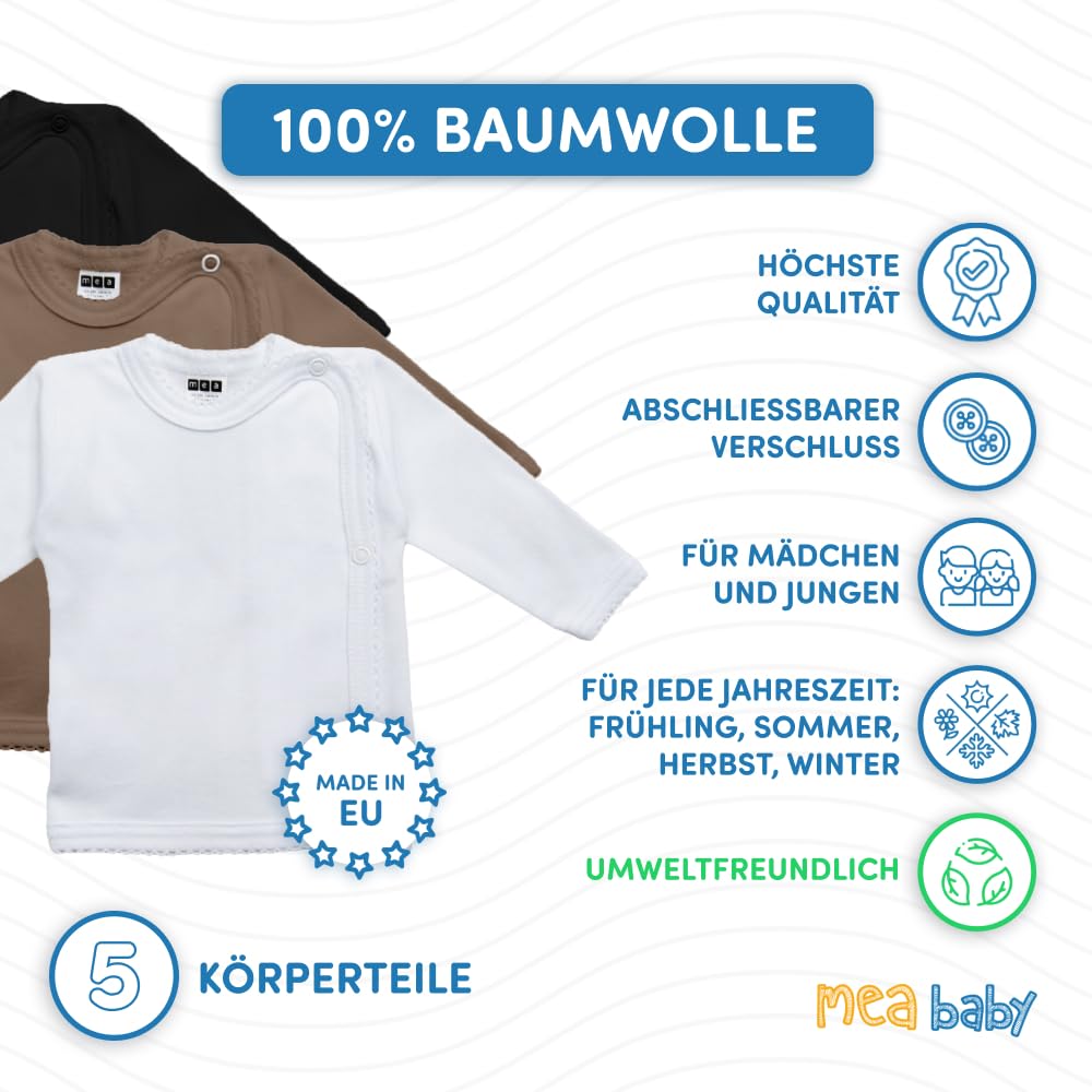 MEA BABY Unisex Baby Wickelshirt Wickeljacke Langarm, 100% Baumwolle im 5er Pack. Wickelshirt für Mädchen, Wickelshirt für Junge