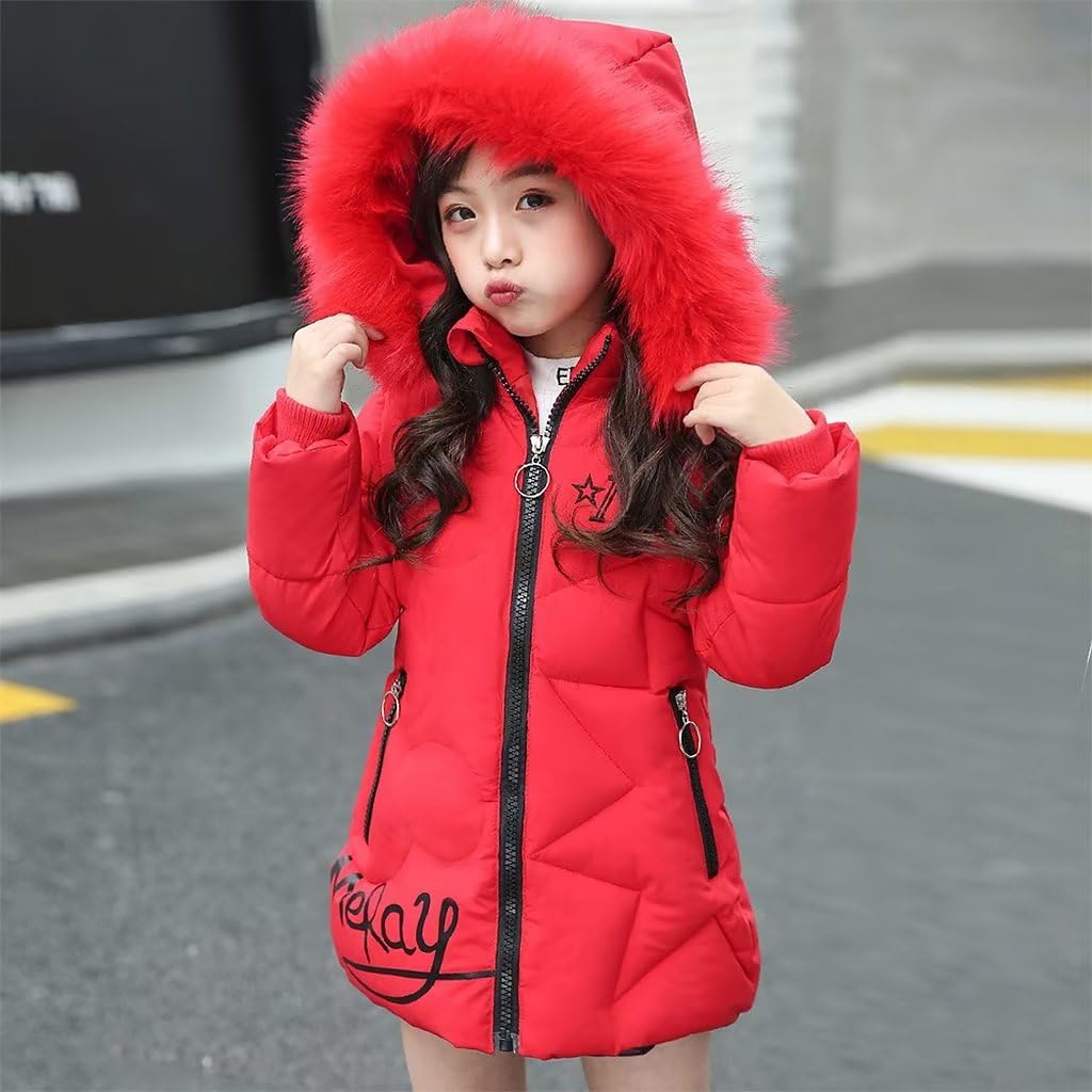 linboo Girls' Winter Jacket with Removable Fur Hood Warm Long Coat Children's Parka Outdoor Jacket with Letters and Cute Patterns