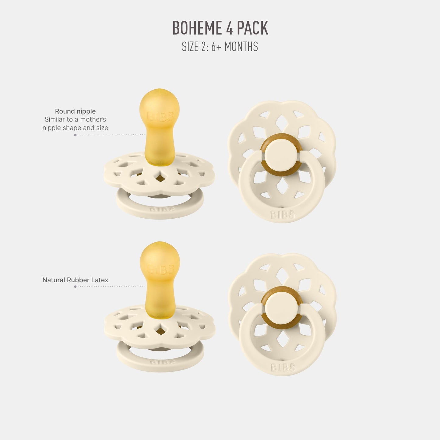 BIBS Boheme Schnuller 4er-Pack. BPA-frei, Kirschform Nippel. Naturkautschuk/Latex, Hergestellt in Dänemark. Größe 1/2, (0-6 Monate/6-18 Monate), (4er Pack), Vanilla Mix