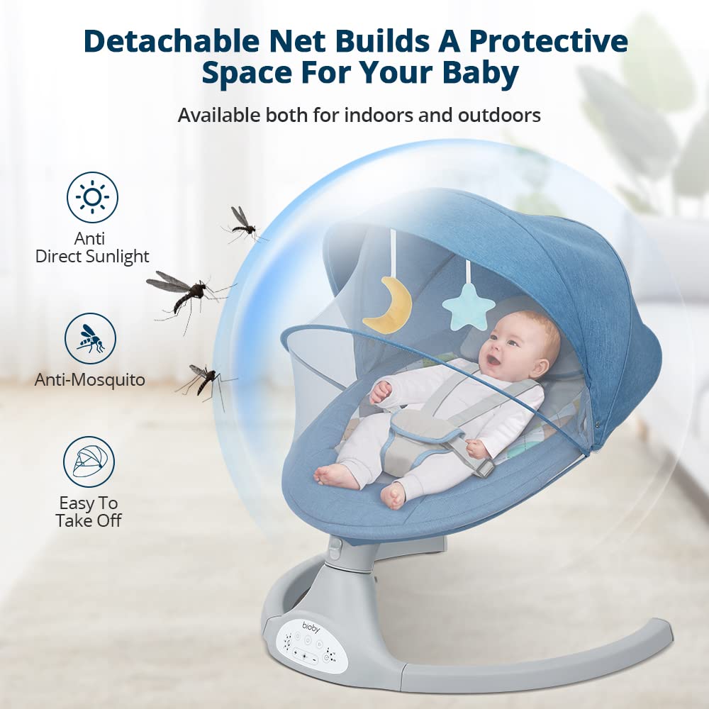 Bioby Elektrische Babywippe | Babyschaukel mit 5-Punkt-Gurt & 5 Schaukelmodi, Leicht & Sicher Wippe Baby Elektronisch mit Bluetooth-Musik & Fernbedienung, für 0-12 Monate (2-9 kg), Grau