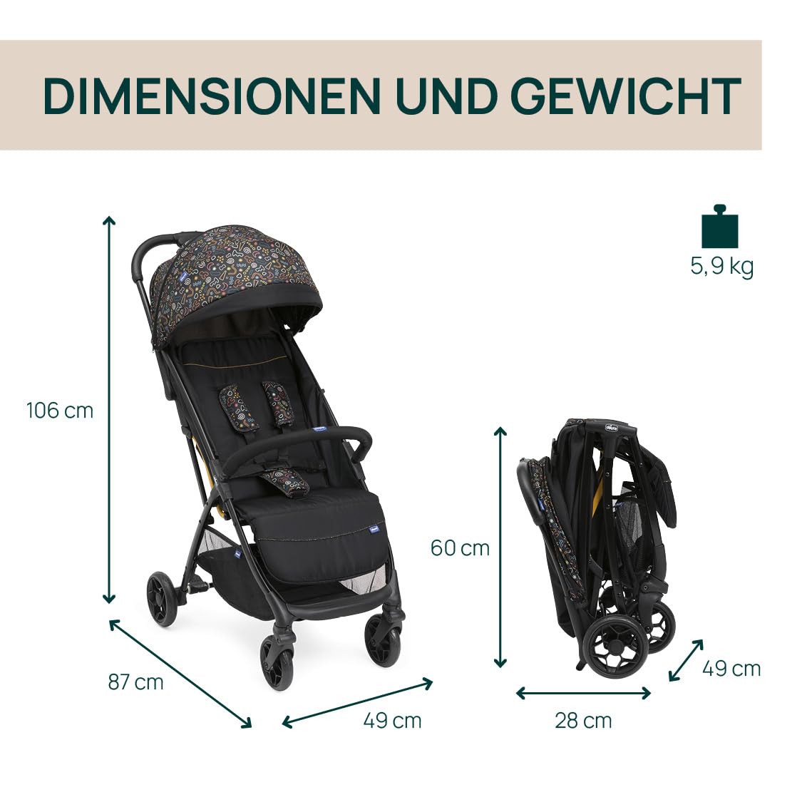 Chicco, Glee Pushchair from 0 Months to 4 Years with Automatic and Compact Closure, Extendable Hood with SPF 50+ and Rain Cover, 3-Level Adjustable Backrest, Leg Rest