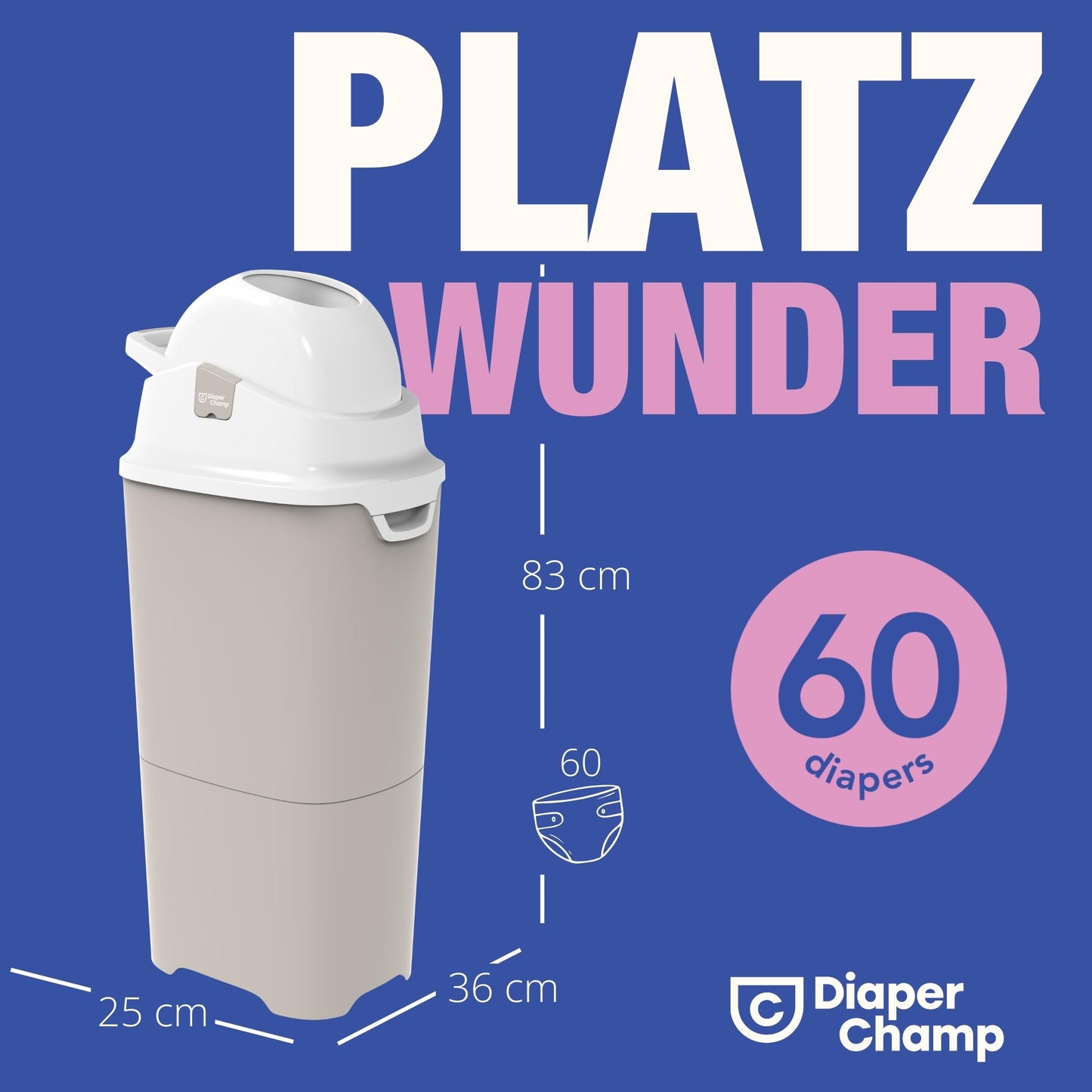 DIAPER CHAMP One Maxi Nappy Bin – Odour-Proof – Without Refill Cassettes – Works with Normal Conventional Bags, Bin Liners – for Approx. 60 Nappies – Beige, White