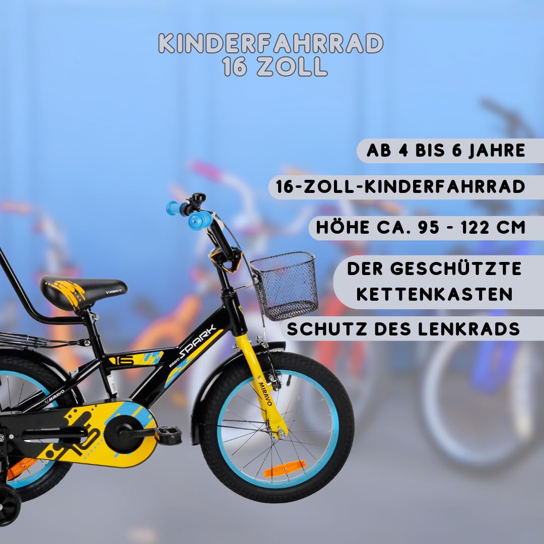 MIRAVO Kinderfahrrad Fahrrad Kinder Ab 2 Bis 8 Jahre Mit Stützrädern Schubstange V-Brake Bremsen Rückstrahl Aufkleber 12 16 20 Zoll Radgröße Korb Für Junge Spark - Meloni2