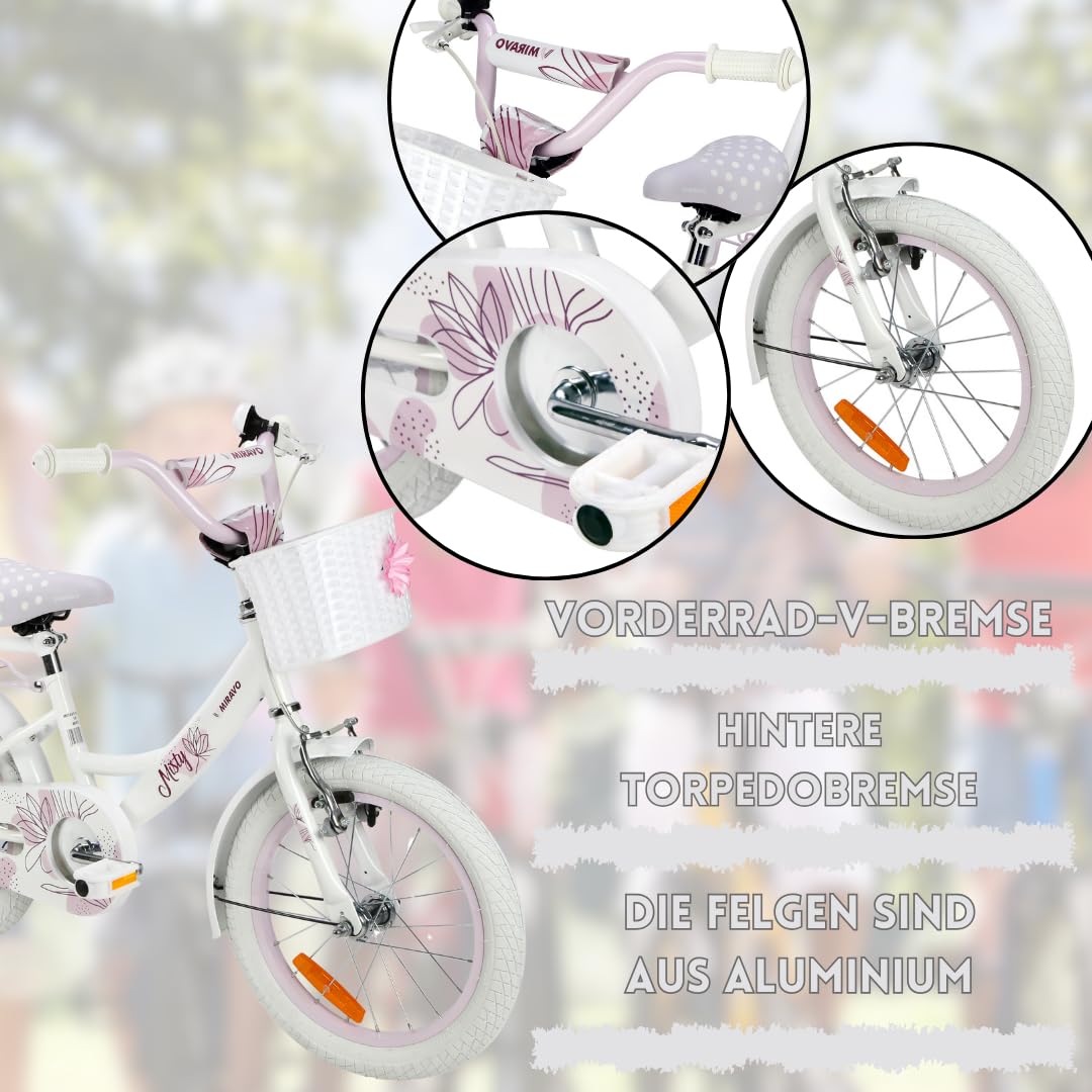 MIRAVO Kinderfahrrad Fahrrad Kinder Ab 2 Bis 8 Jahre Mit Stützrädern Schubstange V-Brake Bremsen Rückstrahl Aufkleber 12 16 20 Zoll Radgröße Korb Für Mädchen Misty - Meloni2