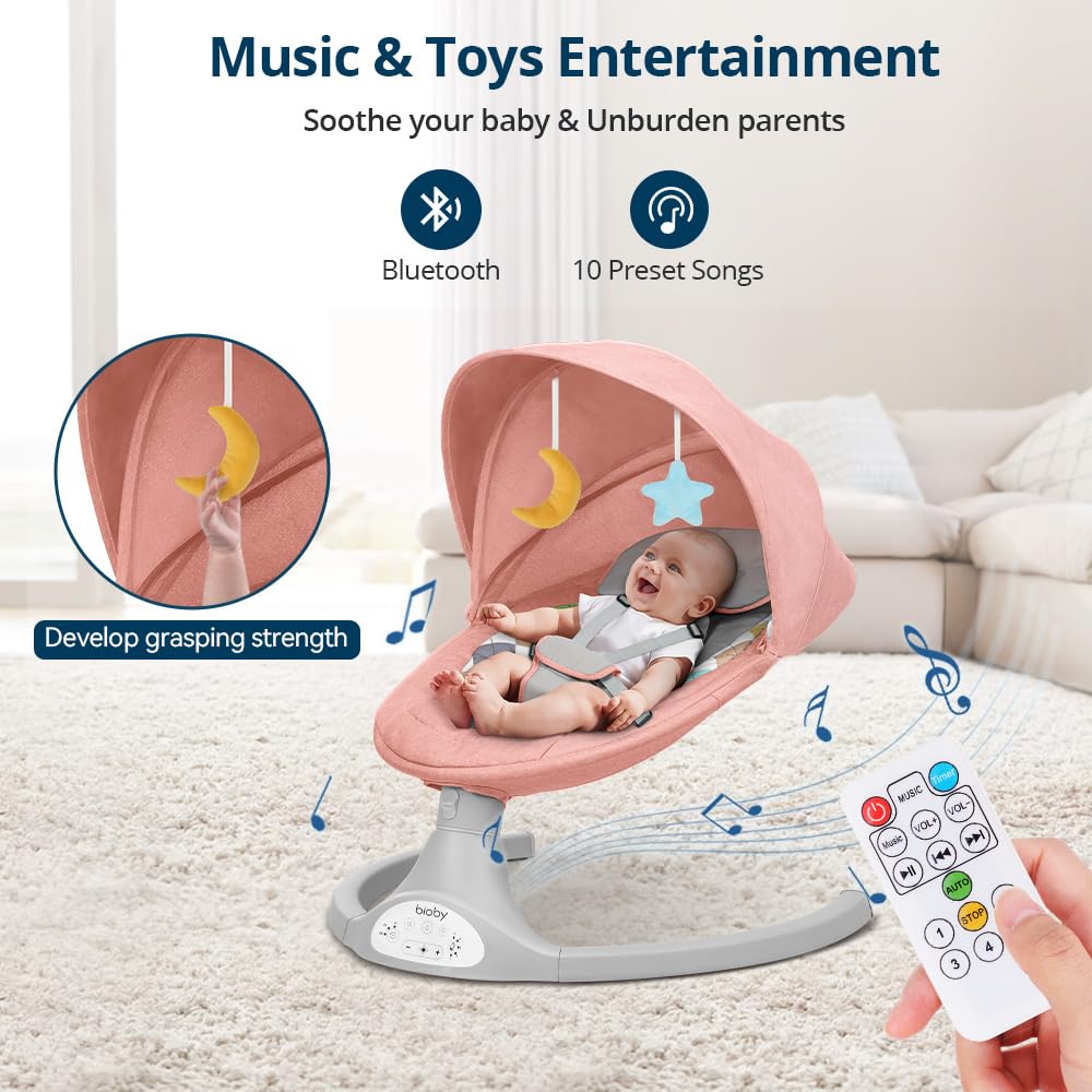 Bioby Elektrische Babywippe | Babyschaukel mit 5-Punkt-Gurt & 5 Schaukelmodi, Leicht & Sicher Wippe Baby Elektronisch mit Bluetooth-Musik & Fernbedienung, für 0-12 Monate (2-9 kg), Grau