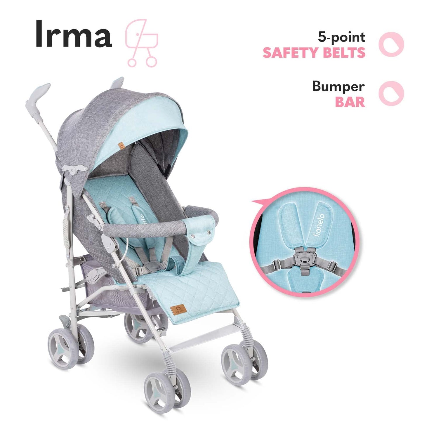 Lionelo Irma Pushchair up to 15 kg, Lightweight Modern Pushchair with Reclining Function, Foldable, Large 6 Inch Wheels, Large Basket, Bag, Mosquito Net