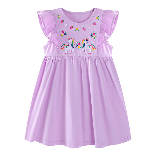 JinBei Girls Dress Cotton Round Neck Ruffles Sleeveless Casual Unicorn Cartoon Appliques Blue/White Striped Clothing Children Summer Party Festive Princess A-Line Dresses Size 98-128