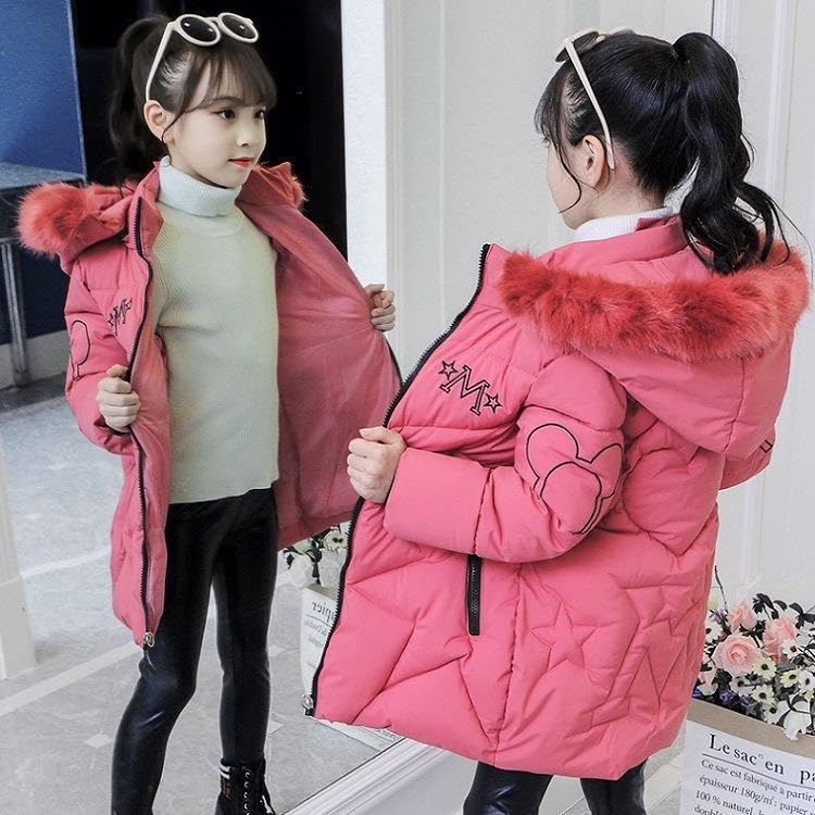 linboo Girls' Winter Jacket with Removable Fur Hood Warm Long Coat Children's Parka Outdoor Jacket with Letters and Cute Patterns