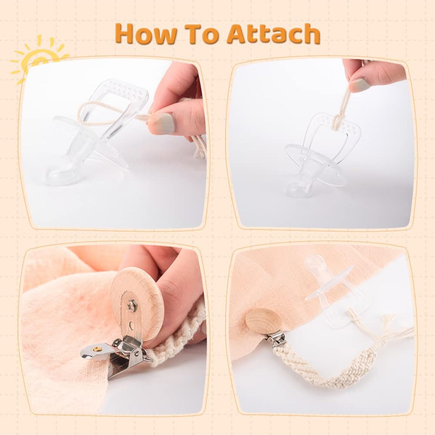 IOSPKKIO® 3 Stück Schnullerclip für Jungen und Mädchen, Schnullerhalter, mit Holzklammern, Handgefertigt, Geflochtene Baumwolle, Babyparty, Geburtstagsgeschenk(Beige)