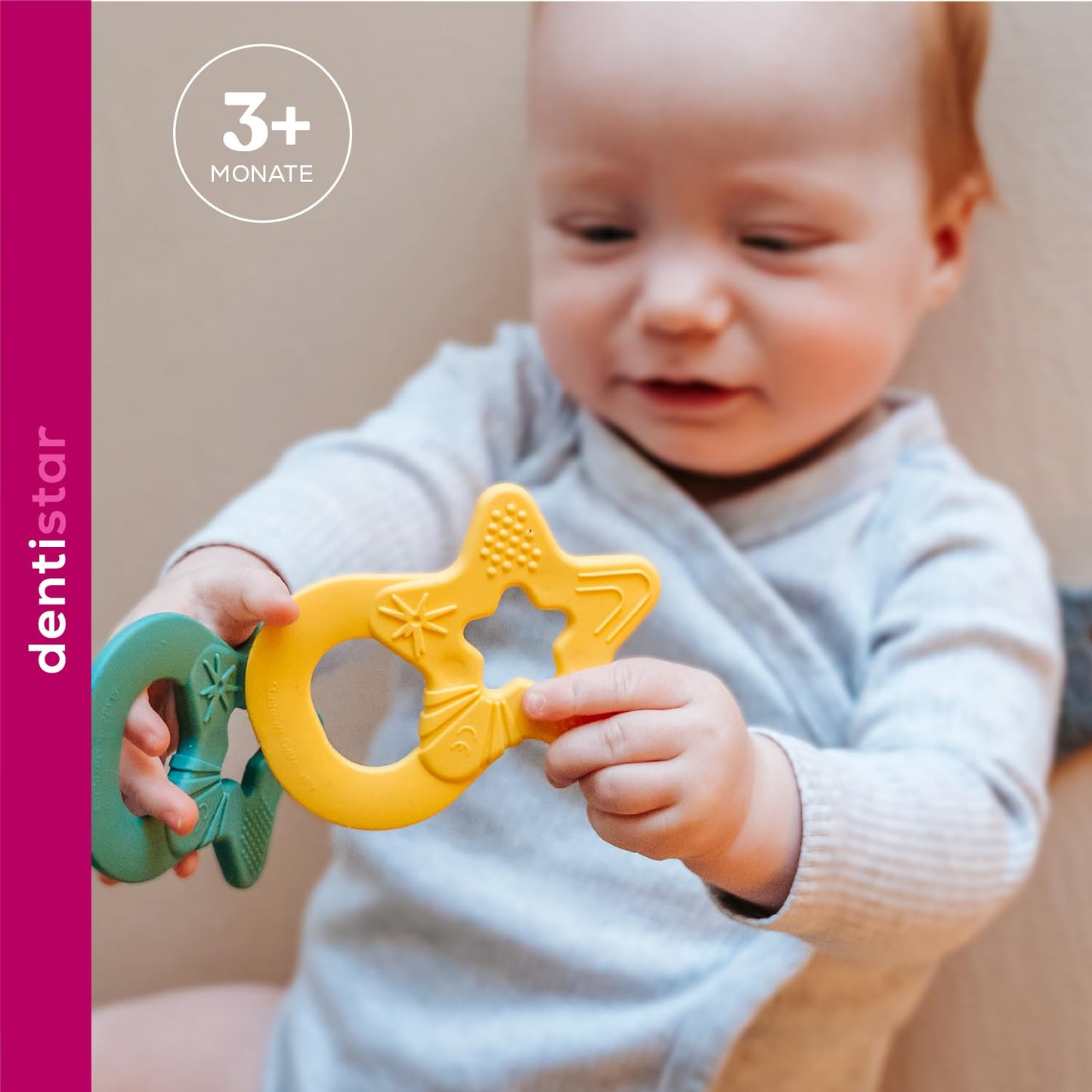 Dentistar Beißring 2er-Set – Teether für Babys & Kleinkinder ab 3 Monate – Baby Beißring mit Griff aus weichem Material zur Zahnungshilfe & Massage – Made in Germany – Pink & Lila