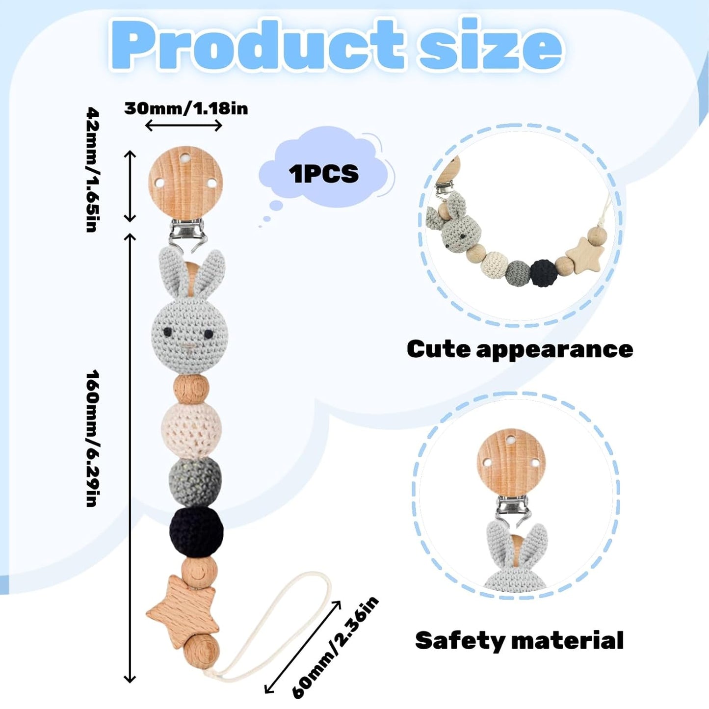 Weploda Baby Schnullerkette Clip, Schnullerkette, Schnullerkette Holz, Geflochtene Schnullerkette, Niedliche Cartoon Schnullerkette, Schnullerkette Mit Hasenmuster, Für Baby, Hält Schnuller Sauber