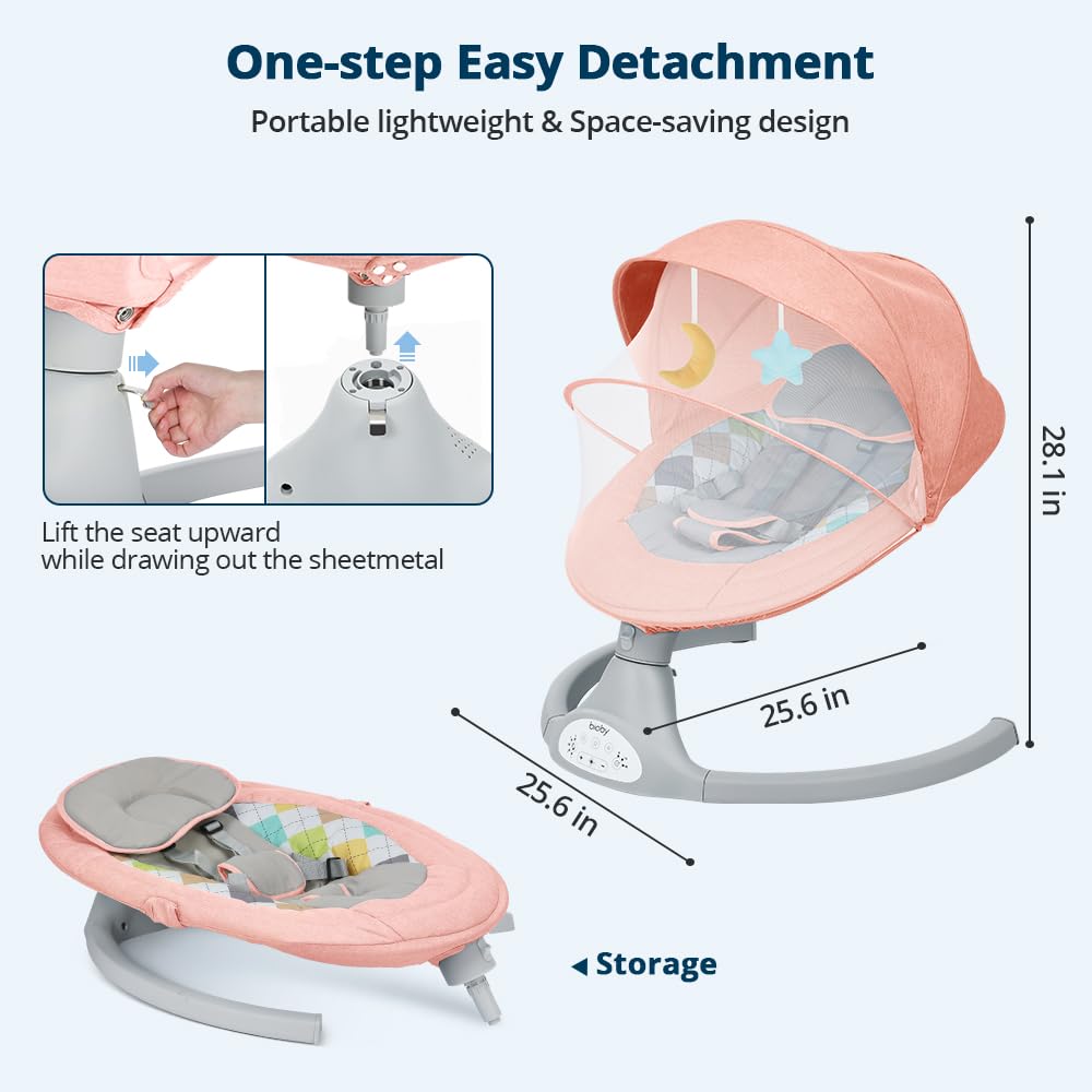 Bioby Elektrische Babywippe | Babyschaukel mit 5-Punkt-Gurt & 5 Schaukelmodi, Leicht & Sicher Wippe Baby Elektronisch mit Bluetooth-Musik & Fernbedienung, für 0-12 Monate (2-9 kg), Grau