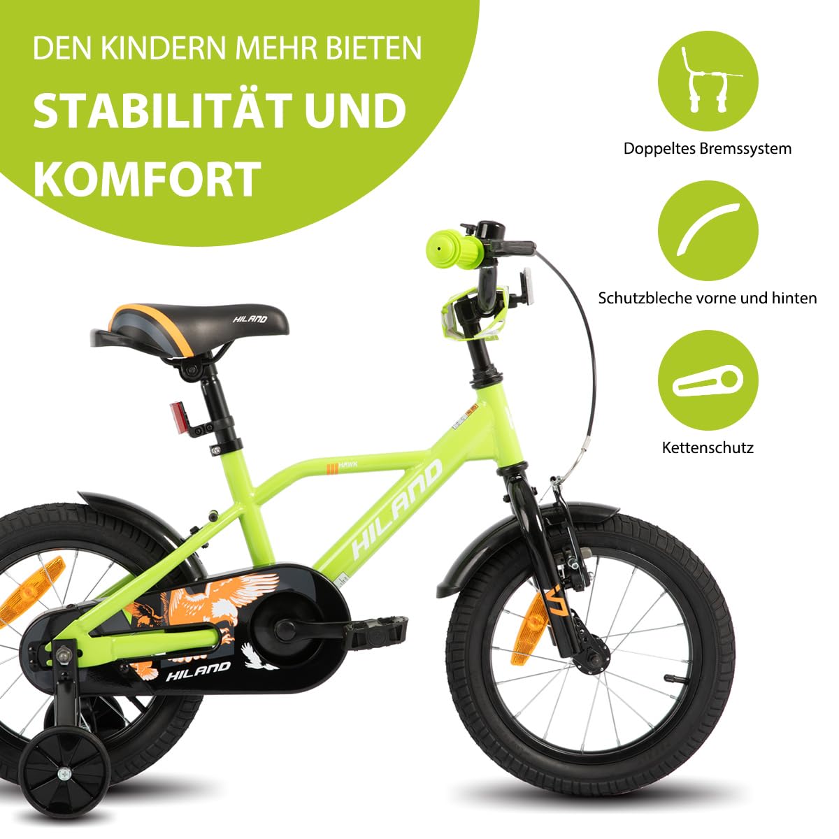 Hiland 12/14/16/20 Zoll Kinderfahrrad, Jungen Fahrrad für 3-10 Jahre, mit Stützrädern, Kinderfahrrad mit Handbremse und Rücktrittbremse, Schwarz/Grün/Blau/Orange - Meloni2