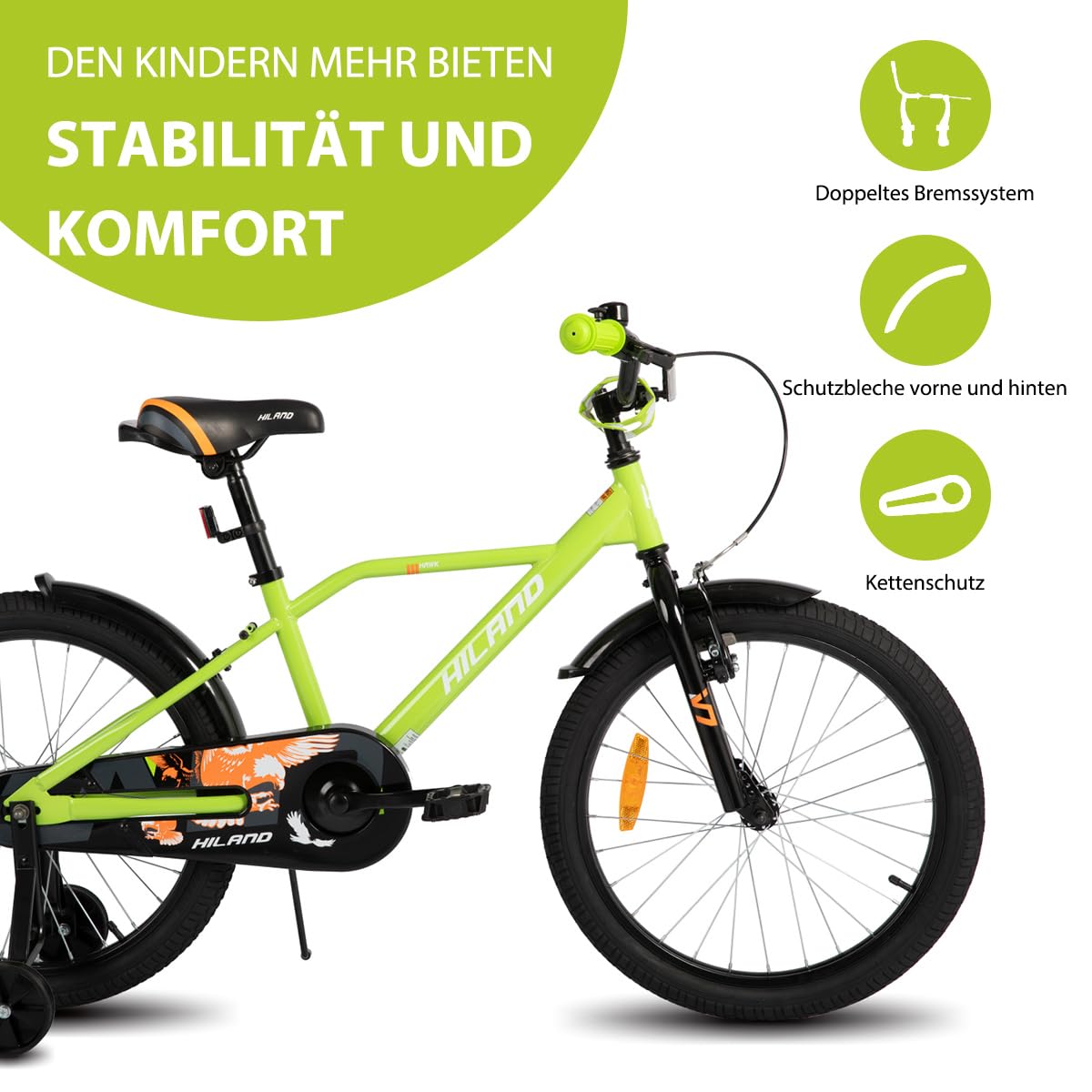 Hiland 12/14/16/20 Zoll Kinderfahrrad, Jungen Fahrrad für 3-10 Jahre, mit Stützrädern, Kinderfahrrad mit Handbremse und Rücktrittbremse, Schwarz/Grün/Blau/Orange