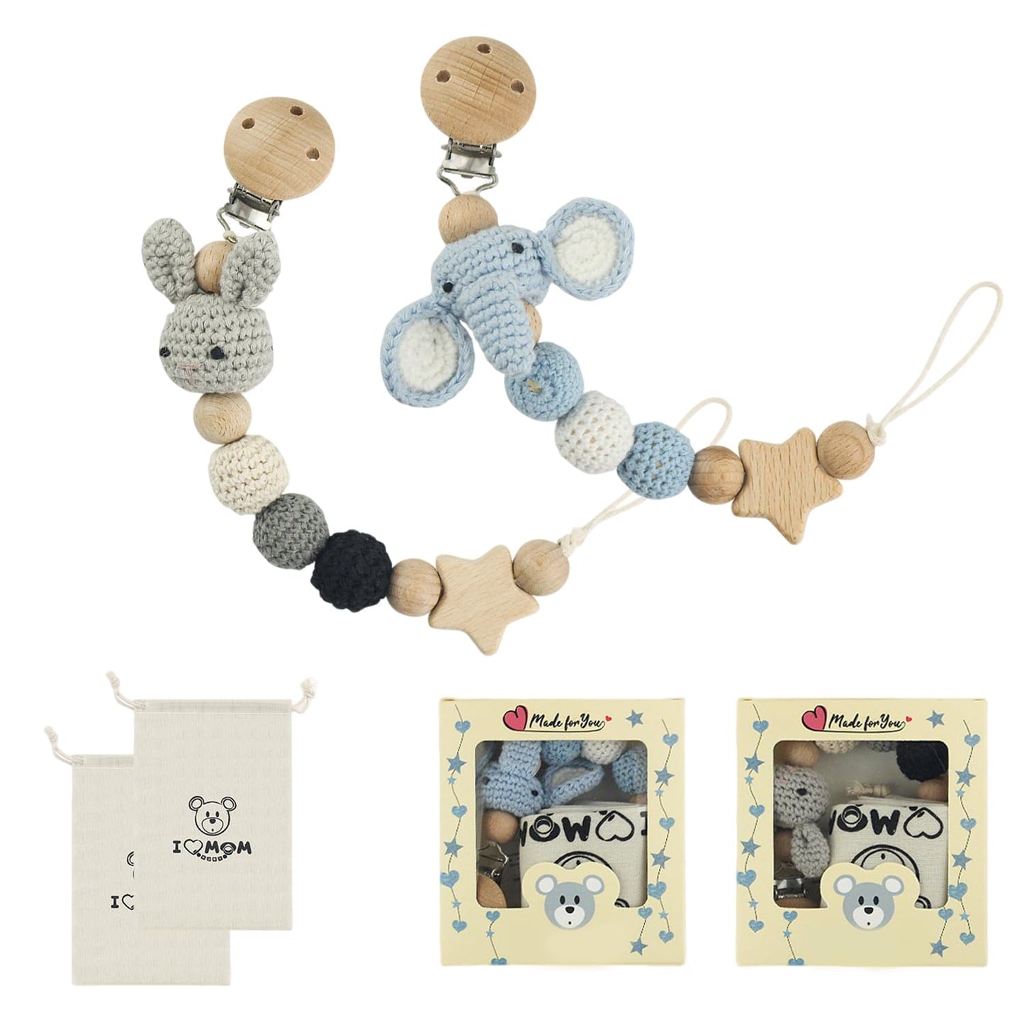 2 Stück Handgemachte Tier Design Schnullerkette Cup Catcher BPA-frei Sicherheitsgurt für Verstellbarer Kinderwagenkette zum Aufhängen von Trinkbecher Halteriemen für Kinderwagen