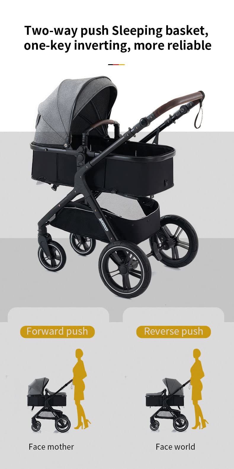 YAZOCO Kompakter 3 in 1Kinderwagen Anstout Terrain Luxus Hohe Landschaft Vierfacher Kinderwagen 0-36kg Faltbarer Gehstock Baby Kinderwagen Komfort Autositz Zubehör (Schwarz)
