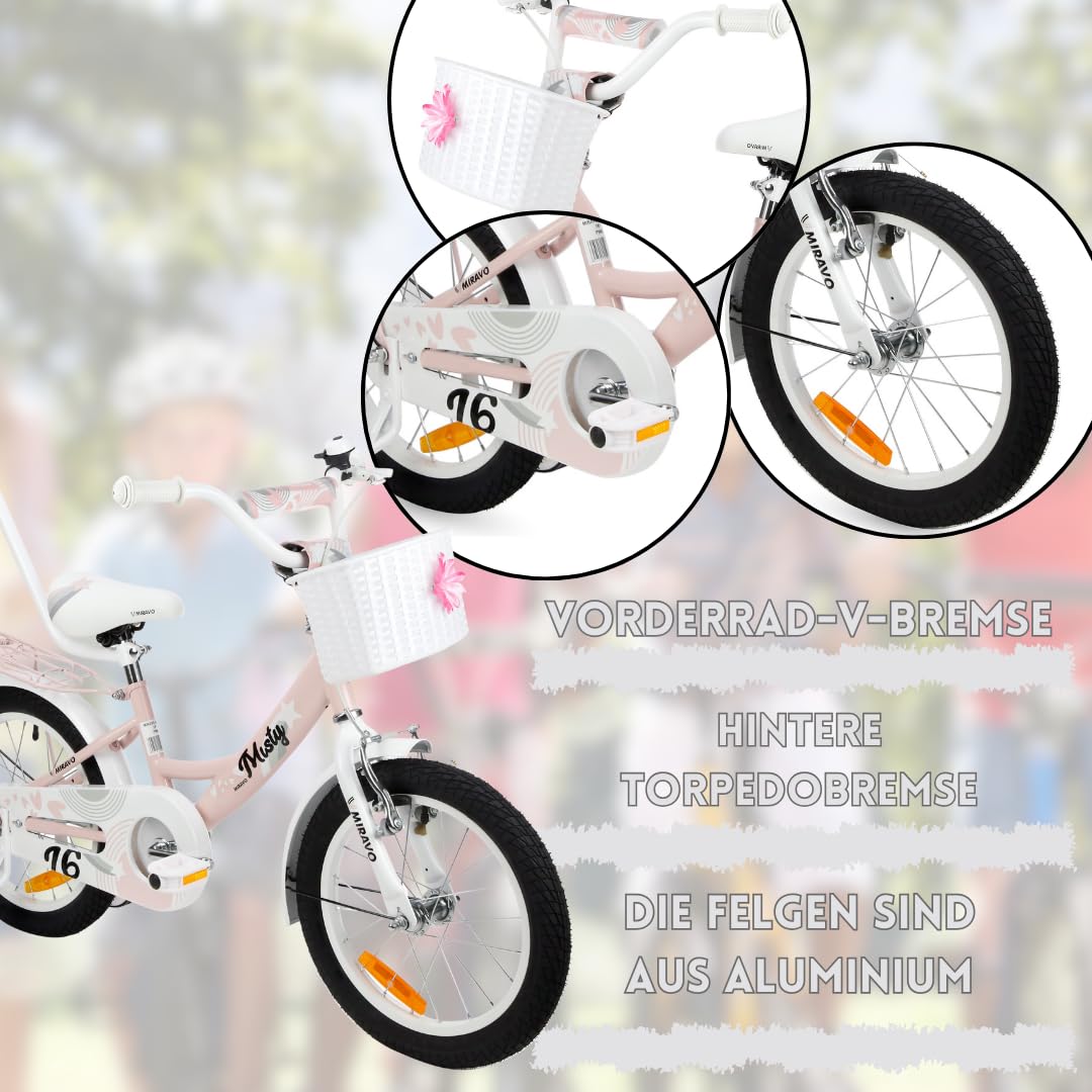 MIRAVO Kinderfahrrad Fahrrad Kinder Ab 2 Bis 8 Jahre Mit Stützrädern Schubstange V-Brake Bremsen Rückstrahl Aufkleber 12 16 20 Zoll Radgröße Korb Für Mädchen Misty - Meloni2