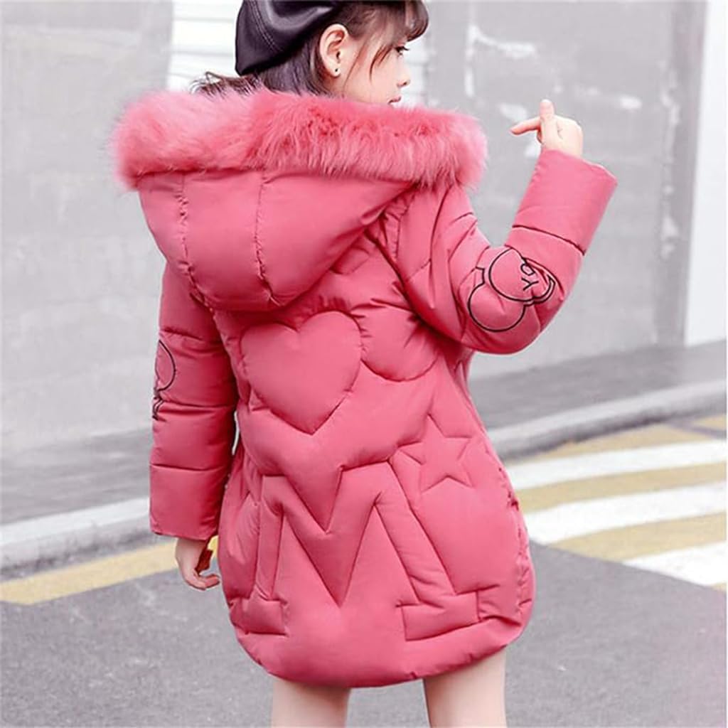 linboo Girls' Winter Jacket with Removable Fur Hood Warm Long Coat Children's Parka Outdoor Jacket with Letters and Cute Patterns