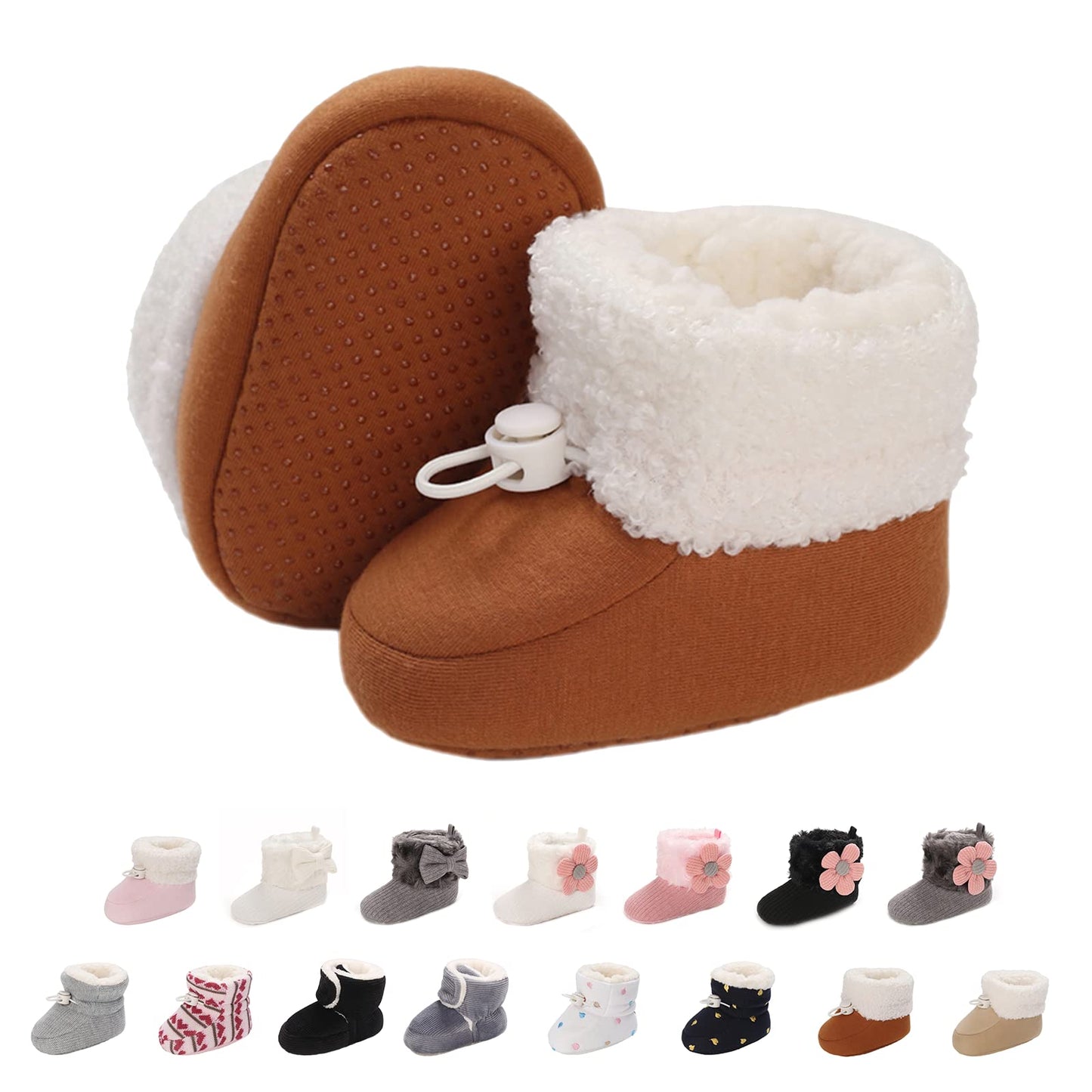 Baby Newborn Fleece Bootie, Winter Warm Non-Slip Soft Sole Winter Shoes, Sock Shoes, Cute Adjustable Crawling Shoes, Prewalker Boots for Girls and Boys, Toddler Size 0-18 Months