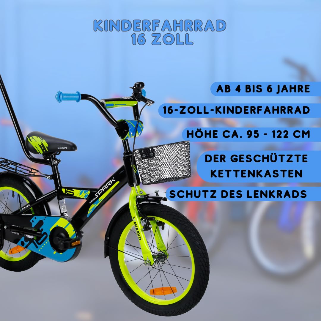 MIRAVO Kinderfahrrad Fahrrad Kinder Ab 2 Bis 8 Jahre Mit Stützrädern Schubstange V-Brake Bremsen Rückstrahl Aufkleber 12 16 20 Zoll Radgröße Korb Für Junge Spark - Meloni2