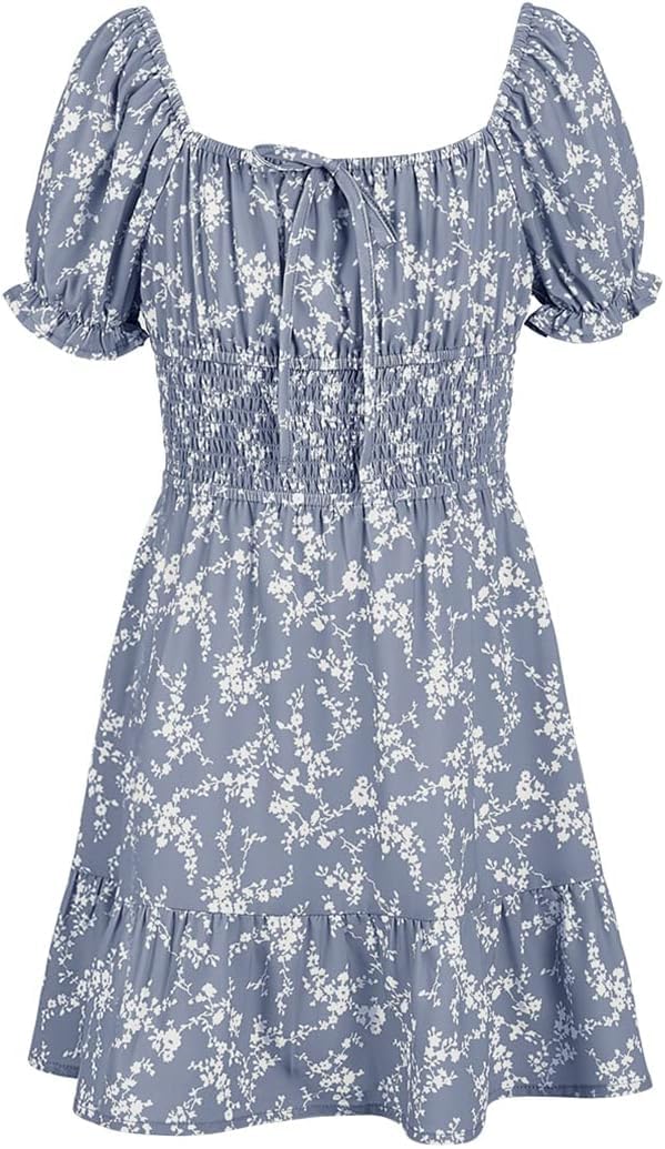 Haloumoning Girls Dresses Short Sleeve Summer Dress Kids Puffy Sleeve Floral Dress Square Neck A-Line Casual Dress Casual Party Wedding Festive Dress