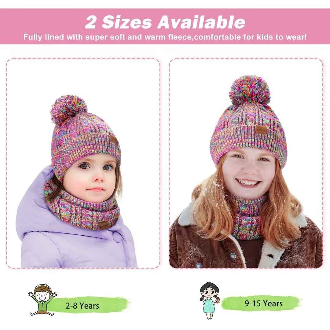 ZUPPAD Mütze und Schal Kinder Set, Kinder Beanie Mütze Winter mit Bommel Strick Halswärmer Halstuch Schlauchschal Warme Handschuhe Fleece Gefüttertes Geschenk Set für Mädchen Kinder