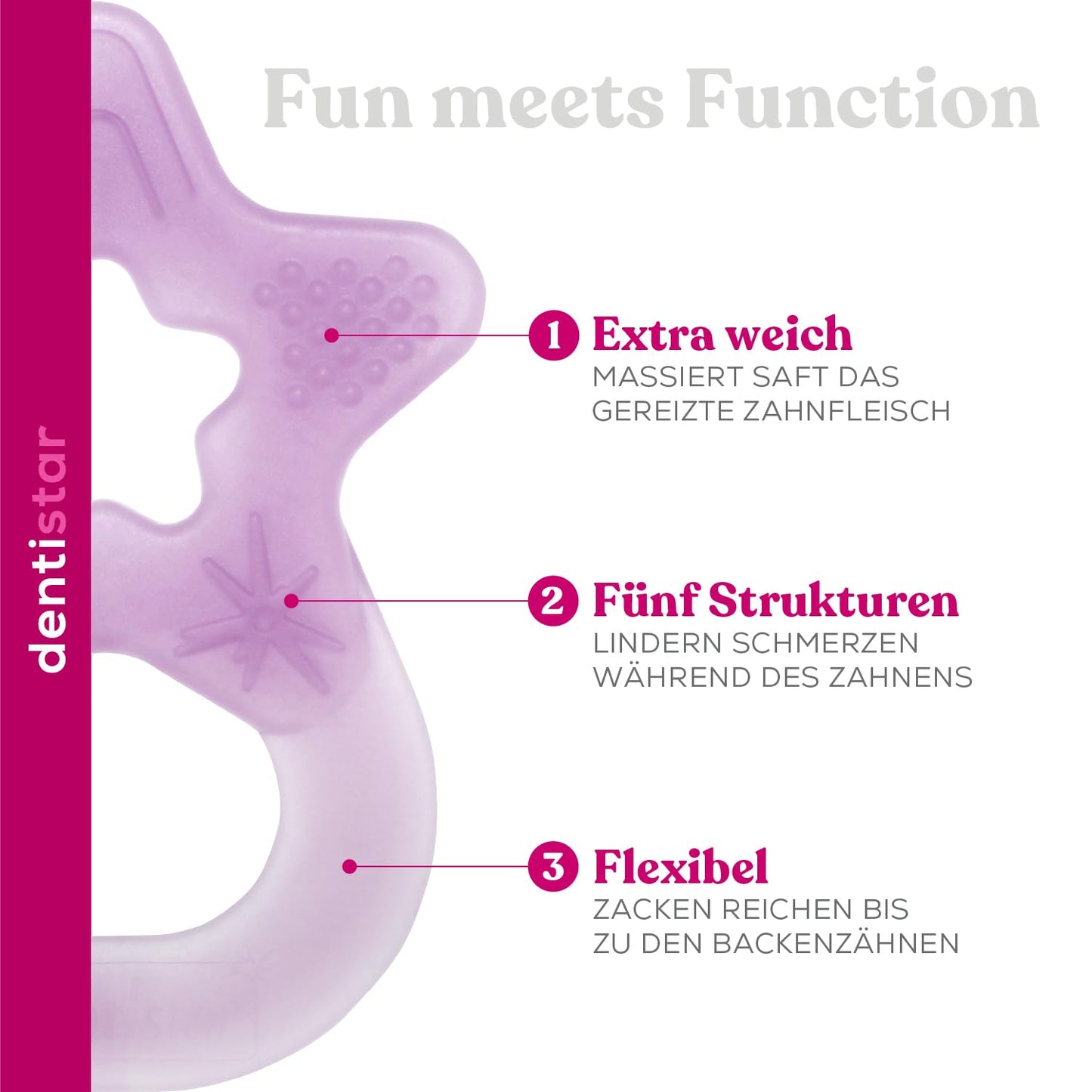 Dentistar Beißring 2er-Set – Teether für Babys & Kleinkinder ab 3 Monate – Baby Beißring mit Griff aus weichem Material zur Zahnungshilfe & Massage – Made in Germany – Pink & Lila