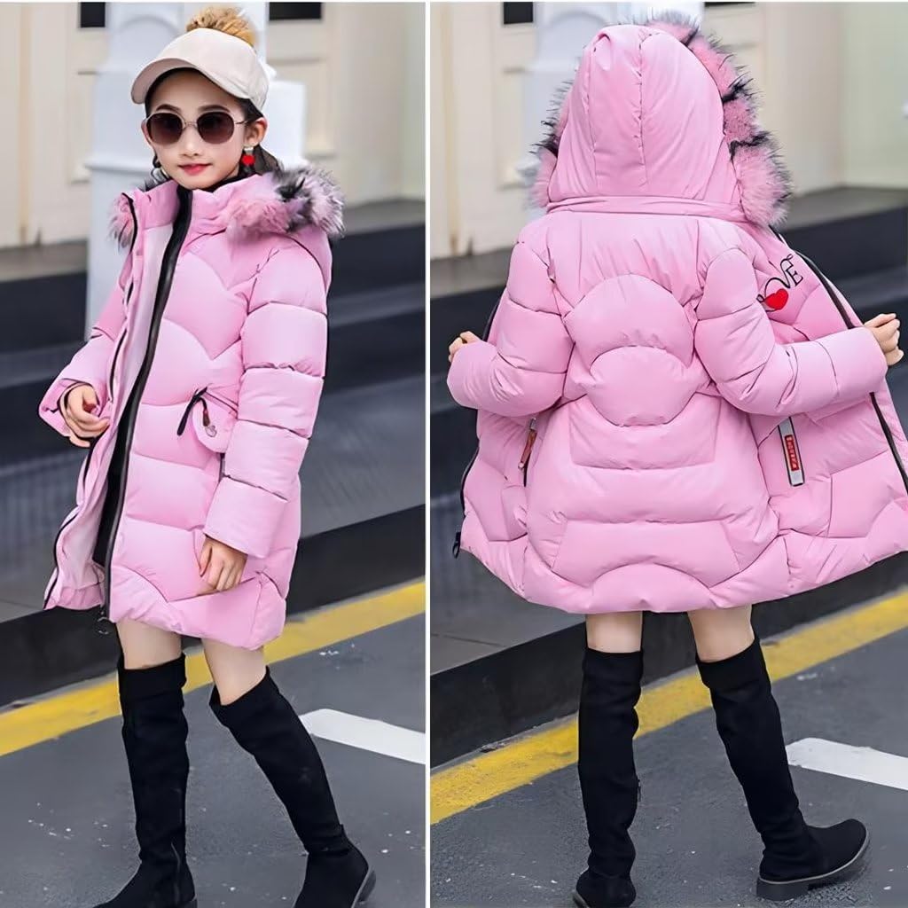 linboo Girls' Winter Jacket Children's Winter Coat Thick Quilted Jacket Long Warm Parka Cotton Jacket Outdoor Coat with Fur Hood and Love Embroidery Print