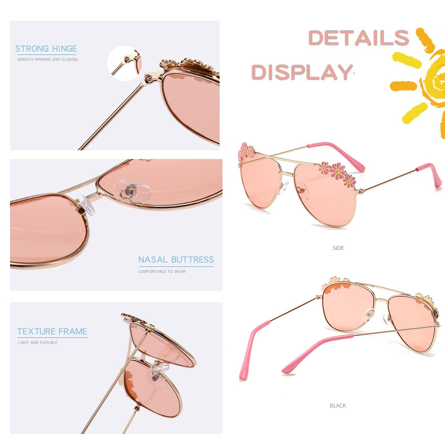 Hifot Sonnenbrille Kinder für Mädchen, Kinder Pilotenbrille mit Edelstahl Metall Gestel Kleinkind Sonnenbrille Kinder Sonnenbrillen 3-12jahre