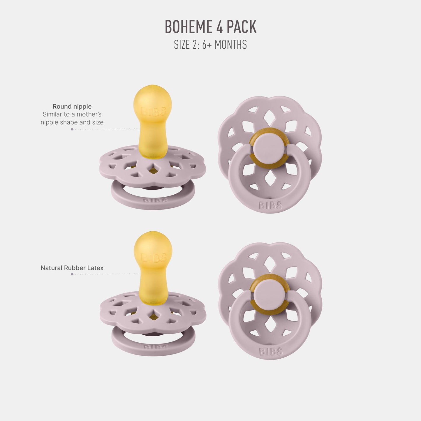 BIBS Boheme Schnuller 4er-Pack. BPA-frei, Kirschform Nippel. Naturkautschuk/Latex, Hergestellt in Dänemark. Größe 1/2, (0-6 Monate/6-18 Monate), (4er Pack), Vanilla Mix