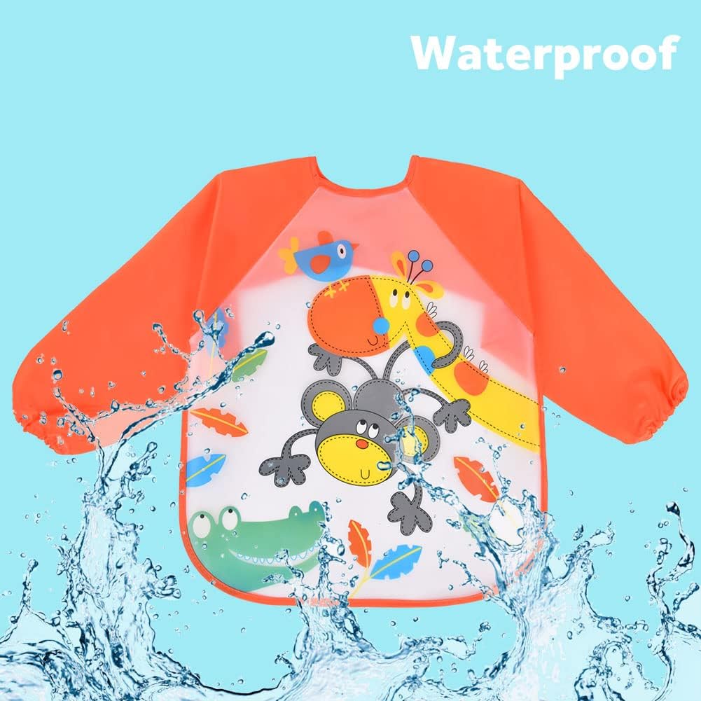 Vicloon Waterproof Baby Bibs, 5pcs Baby Bibs with Long Sleeves, Sleeved Bibs, Unisex Bib Set for Eating, Arts, Crafts, Painting, Playing (Pink, Blue, Green, Yellow)