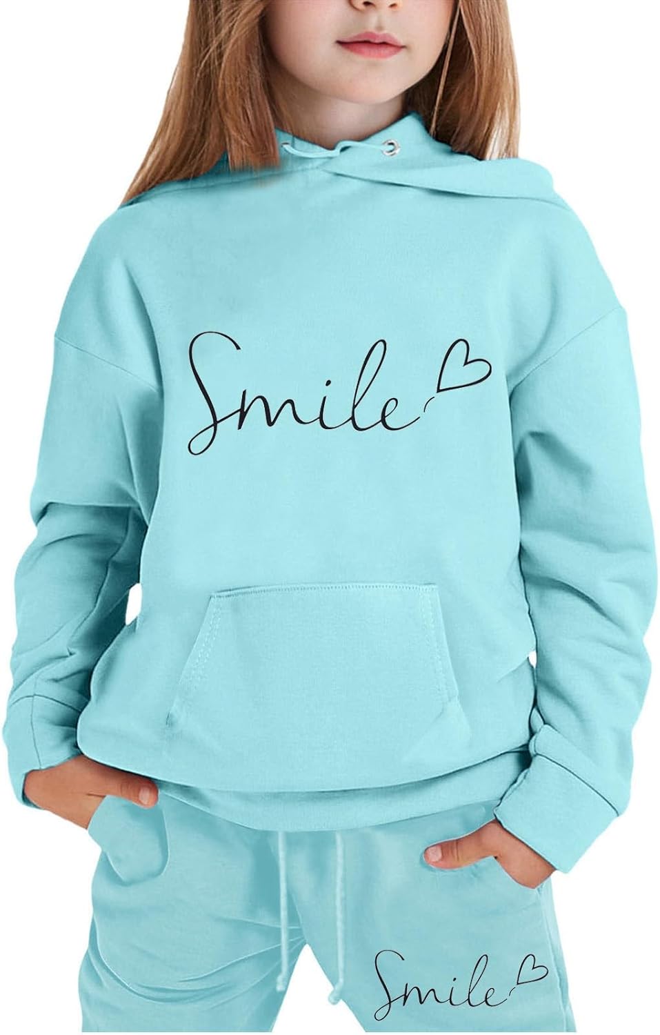 Mädchen 2-teiliges Outfit Herbst Hoodie Lächeln Sweatsuit Sets Kinder 2025 mit Kapuze Ausgehen Sweatanzüge Sweatshirt mit Taschen Grafik Langarm Brief Kordelzug Sweatsuits Sets